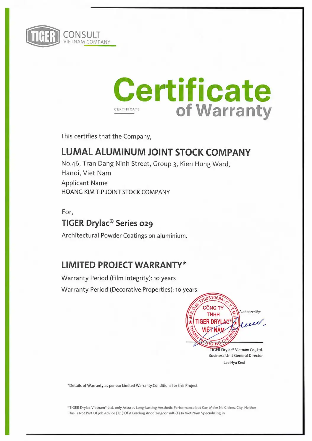Chứng chỉ chất lượng sơn nhôm Lumal